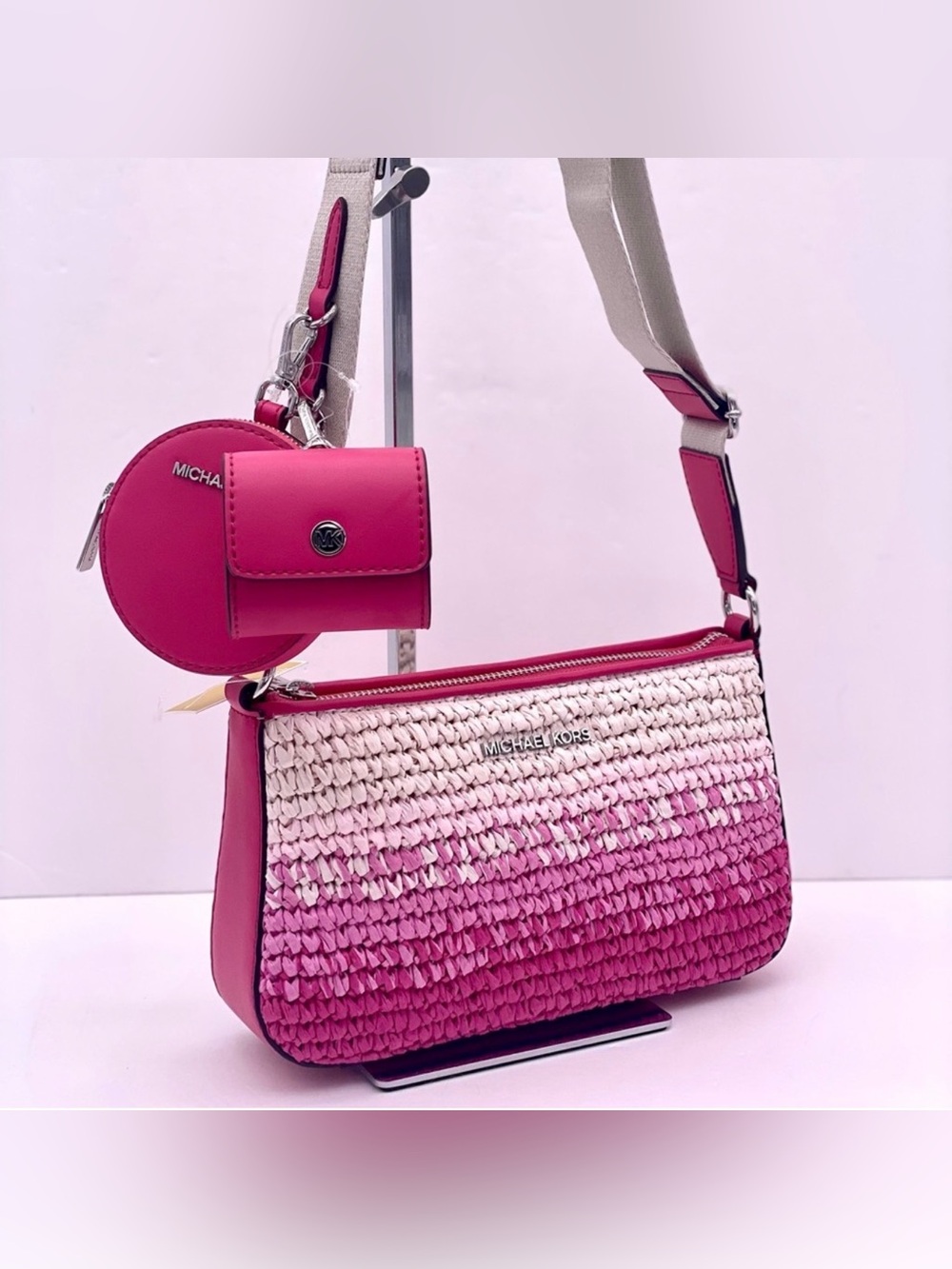 Michael Kors Jet Set Small Ombré Straw Crossbody Bag w/ Apple AirPods Case NWT - Picture 2 of 7